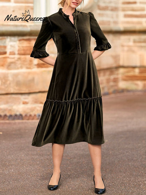 Women's Solid Color V-Neck 3/4 Sleeve Casual Loose Velvet Dress