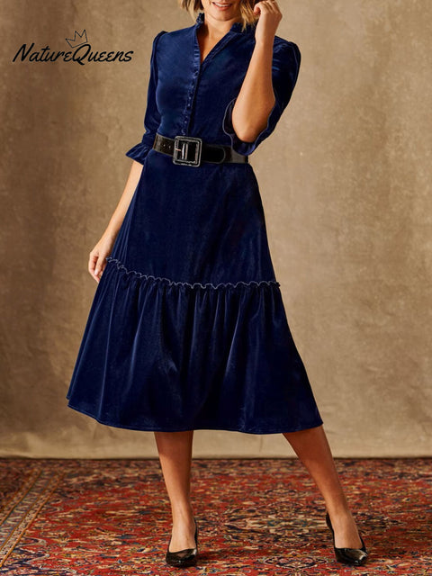Women's Solid Color V-Neck 3/4 Sleeve Casual Loose Velvet Dress