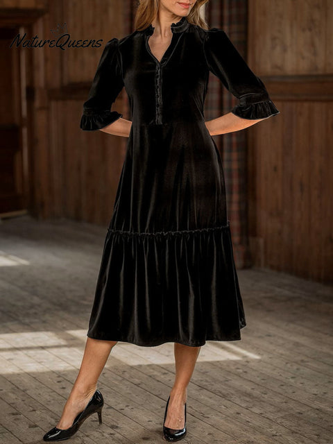 Women's Solid Color V-Neck 3/4 Sleeve Casual Loose Velvet Dress