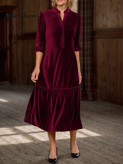 Women's Solid Color V-Neck 3/4 Sleeve Casual Loose Velvet Dress