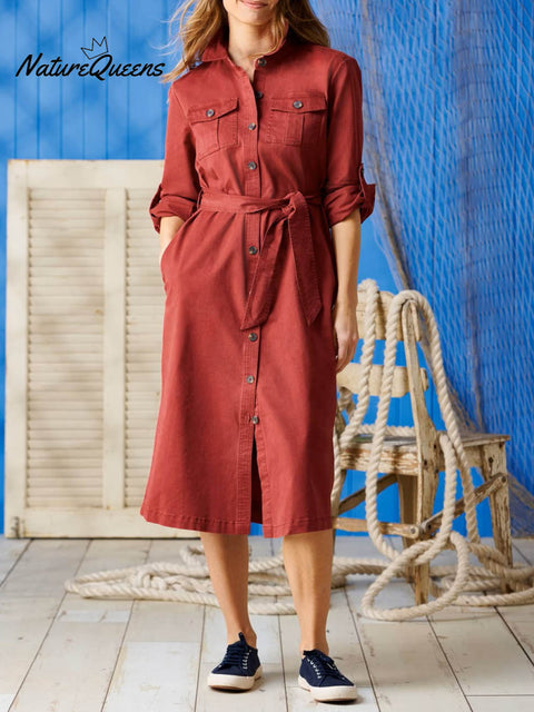 Women's Solid Color Lapel Long Sleeve Casual Loose Cotton Shirt Dress