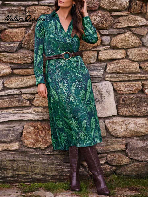 Women's Paisley Print V-Neck Long Sleeve Casual Loose Dress