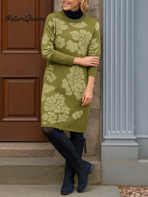 Women's Retro Print Round Neck Long Sleeve Casual Loose Knit Dress