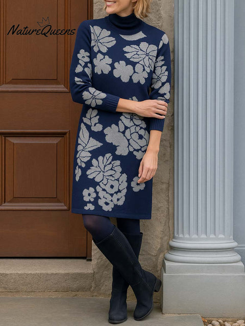 Women's Retro Print Round Neck Long Sleeve Casual Loose Knit Dress