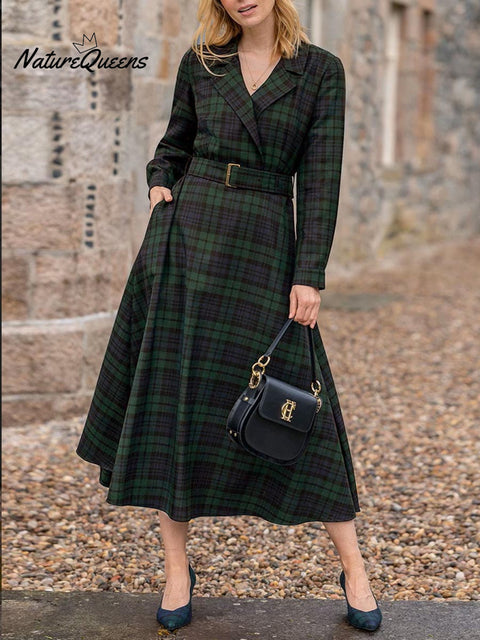 Women's Plaid Print Suit Collar Long Sleeve Casual Loose A-Line Dress
