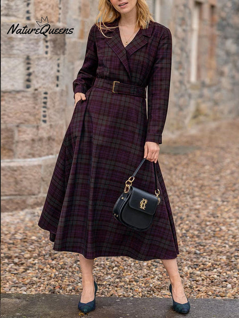 Women's Plaid Print Suit Collar Long Sleeve Casual Loose A-Line Dress