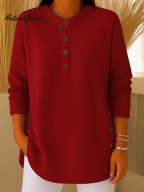 Women's Solid Color V-Neck Long Sleeve Waffle Top