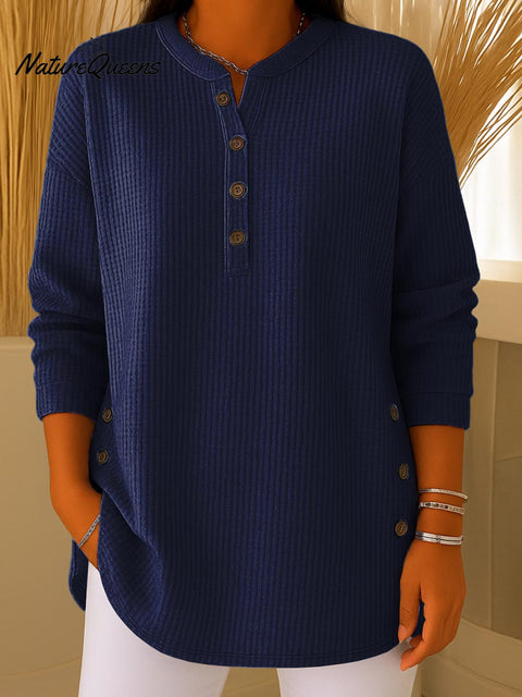 Women's Solid Color V-Neck Long Sleeve Waffle Top
