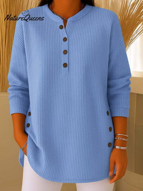 Women's Solid Color V-Neck Long Sleeve Waffle Top