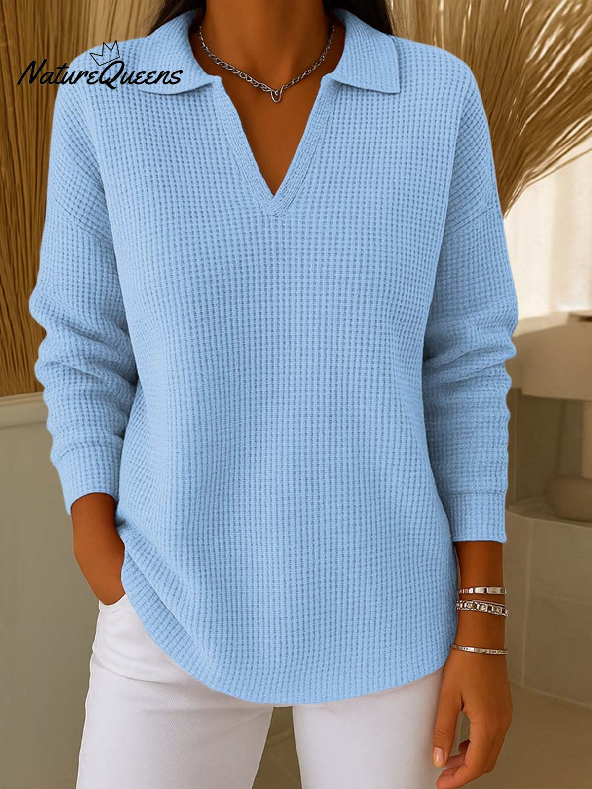 Women's Solid Color Lapel Long Sleeve Waffle Top