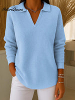 Women's Solid Color Lapel Long Sleeve Waffle Top