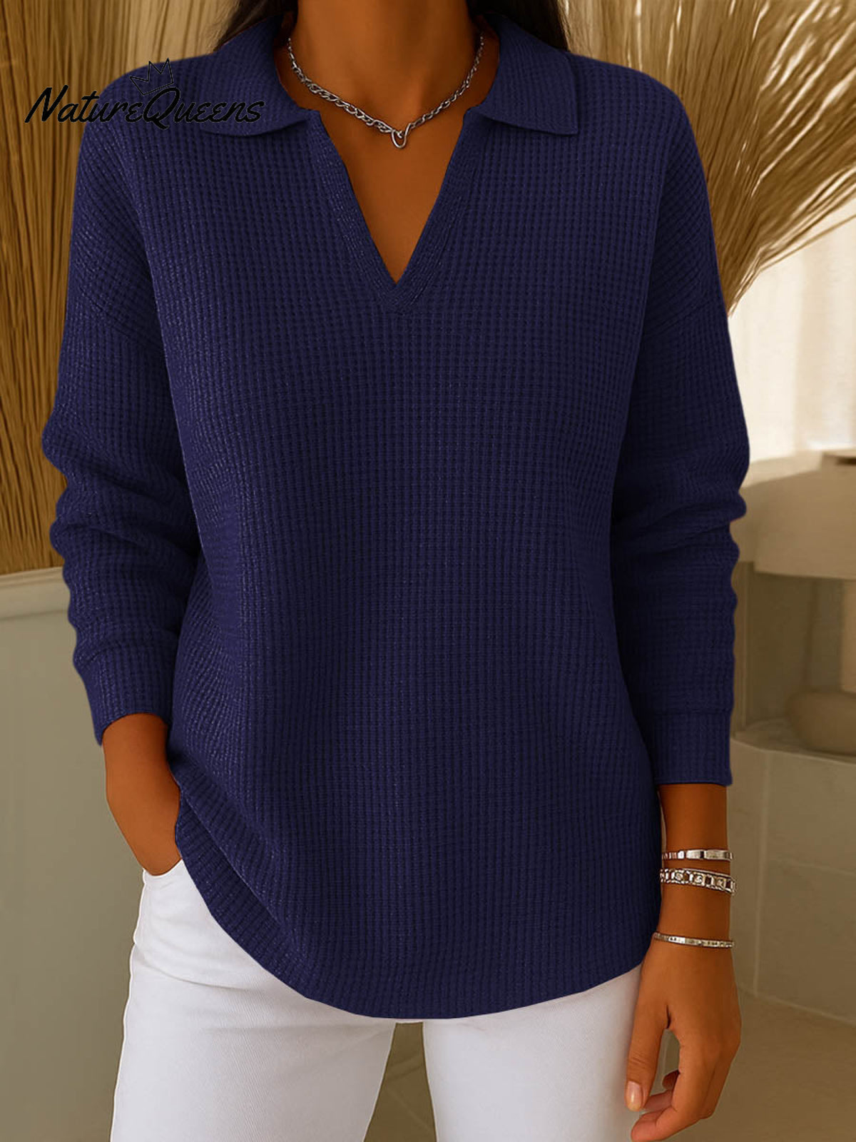 Women's Solid Color Lapel Long Sleeve Waffle Top