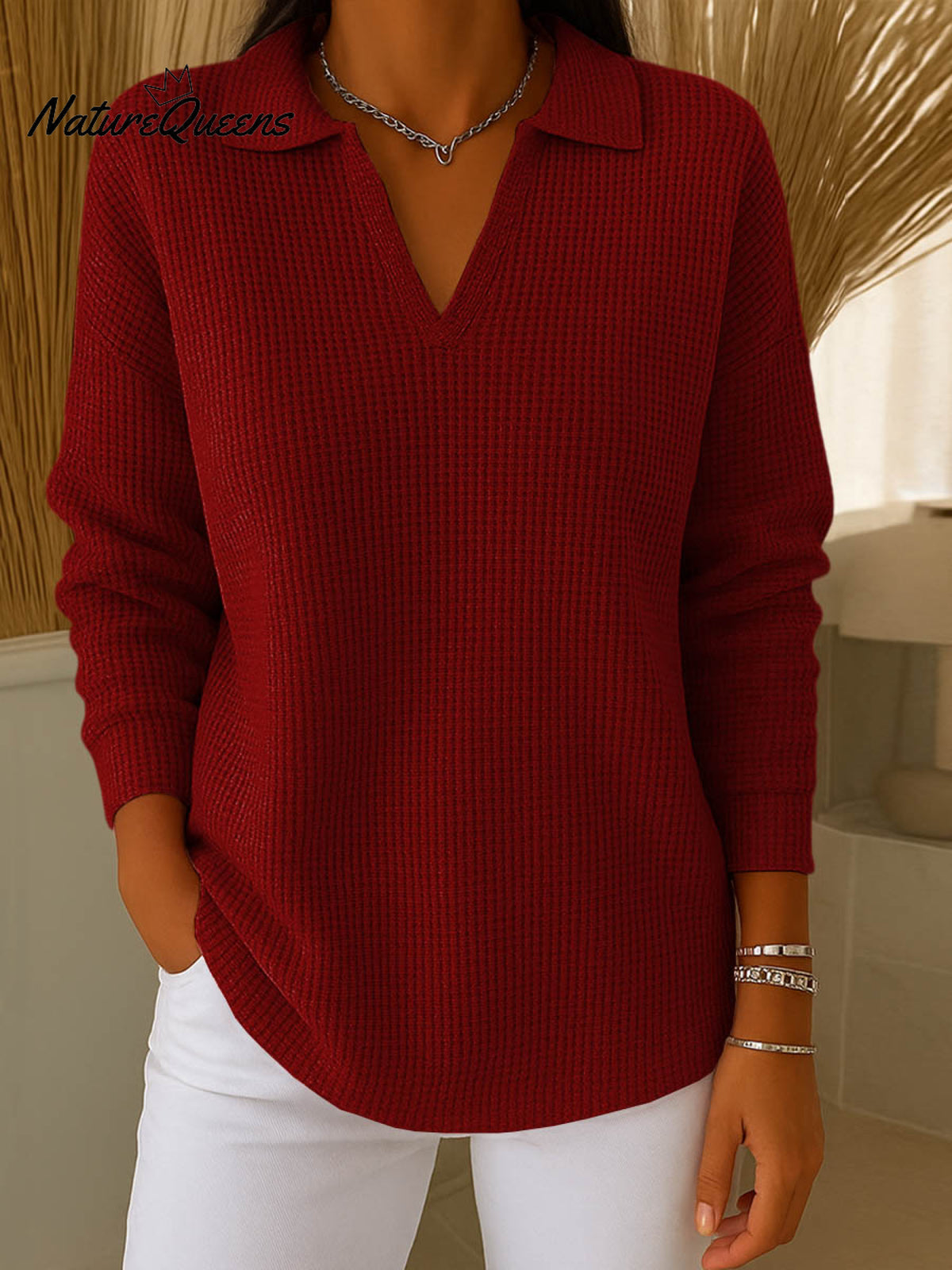 Women's Solid Color Lapel Long Sleeve Waffle Top