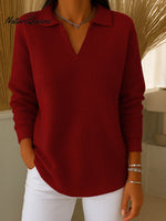 Women's Solid Color Lapel Long Sleeve Waffle Top