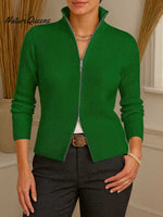 Women's Solid Color Turtleneck Long Sleeve Zippered Knit Top