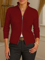 Women's Solid Color Turtleneck Long Sleeve Zippered Knit Top