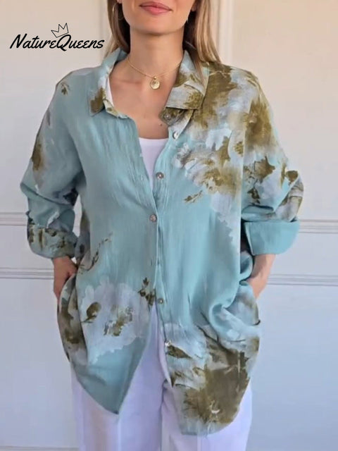 Women's Positioning Print Lapel Long Sleeve Casual Loose Cotton and Linen Shirt