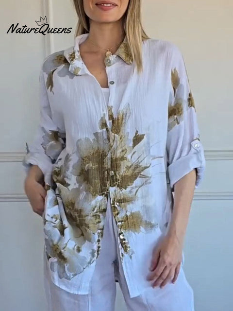 Women's Positioning Print Lapel Long Sleeve Casual Loose Cotton and Linen Shirt