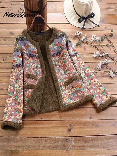 Women's Retro Floral Round Neck Long Sleeve Casual Loose Cardigan