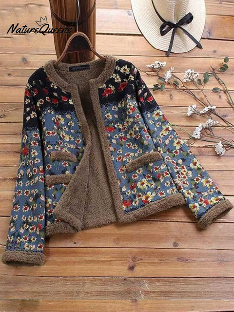 Women's Retro Floral Round Neck Long Sleeve Casual Loose Cardigan