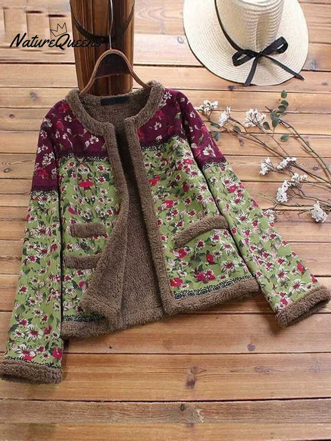 Women's Retro Floral Round Neck Long Sleeve Casual Loose Cardigan