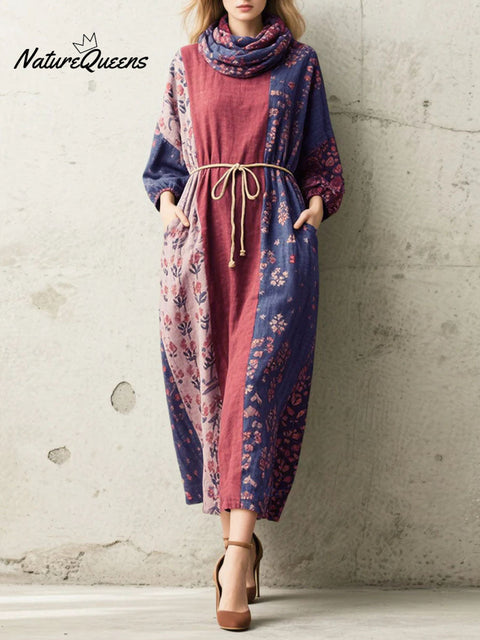 Women's Retro Floral Turtleneck Long Sleeve Casual Loose Linen Dress