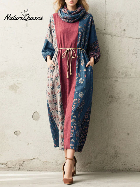 Women's Retro Floral Turtleneck Long Sleeve Casual Loose Linen Dress
