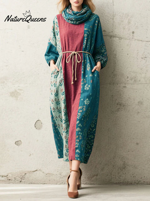 Women's Retro Floral Turtleneck Long Sleeve Casual Loose Linen Dress