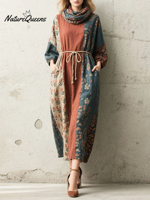 Women's Retro Floral Turtleneck Long Sleeve Casual Loose Linen Dress