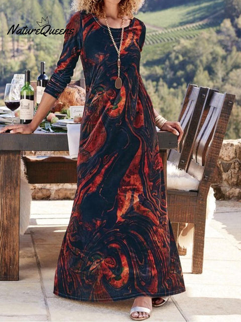 Women's Abstract Print Round Neck Long Sleeve Velvet A-Line Dress