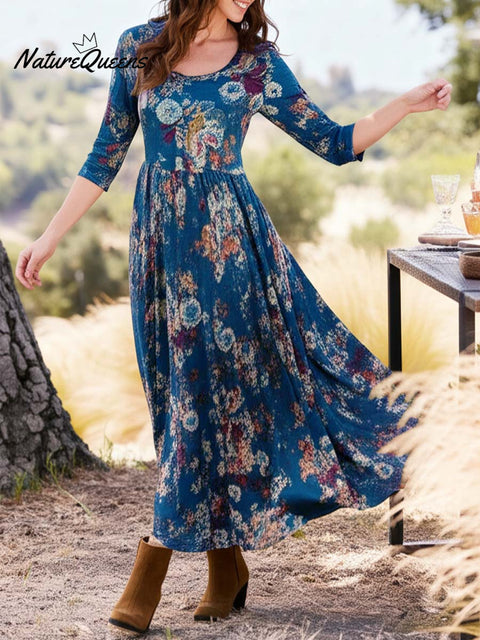 Women's Retro Floral Print Round Neck 3/4 Sleeve Knit A-Line Dress