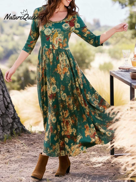 Women's Retro Floral Print Round Neck 3/4 Sleeve Knit A-Line Dress