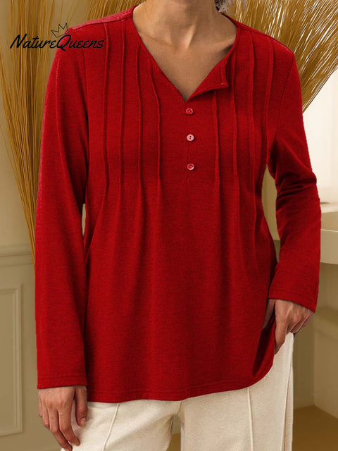 Women's Solid Color Crew Neck Long Sleeve Pleated Knit Top