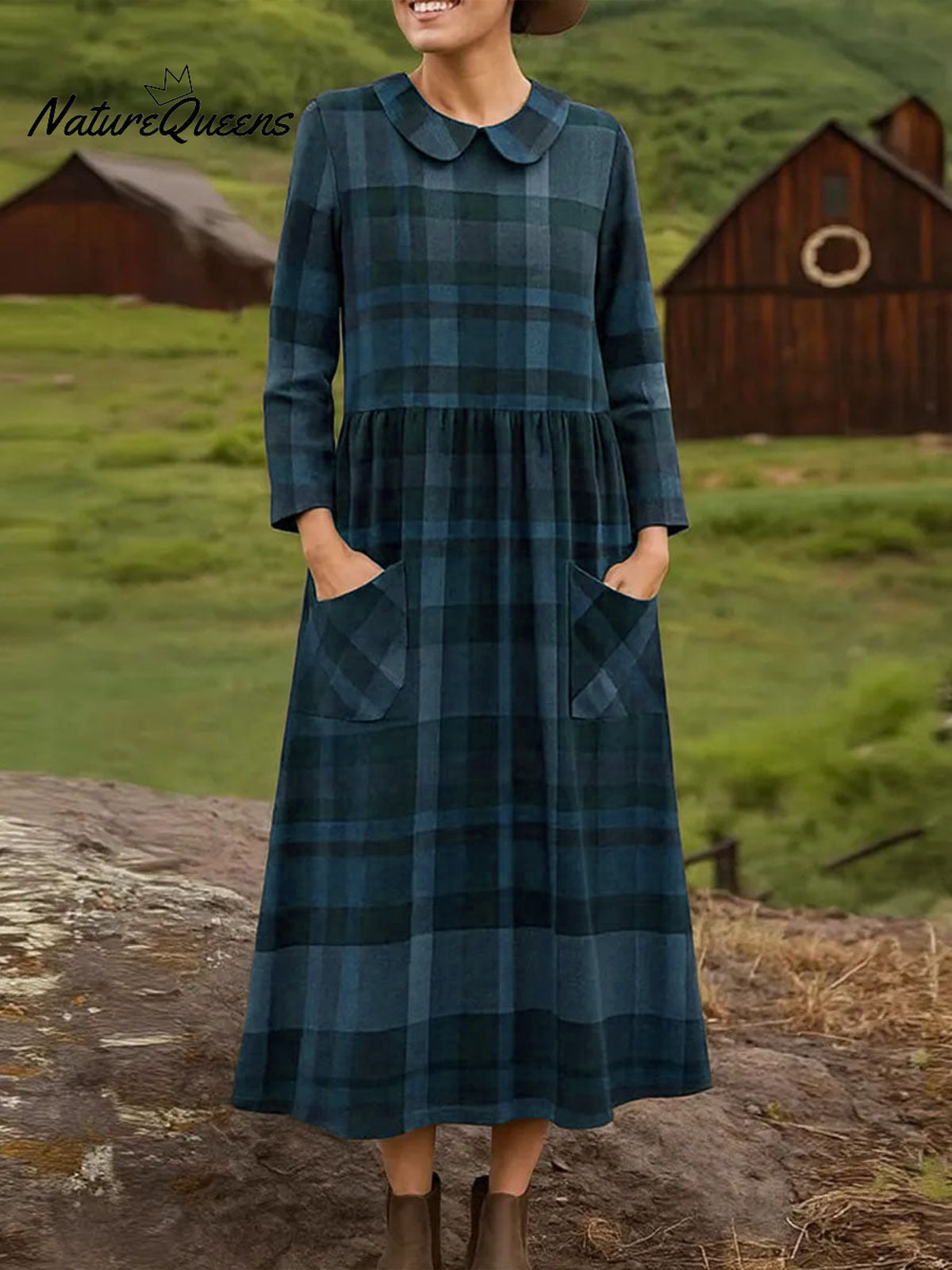 Women's Plaid Print Peter Pan Collar Long Sleeve Casual Loose Dress