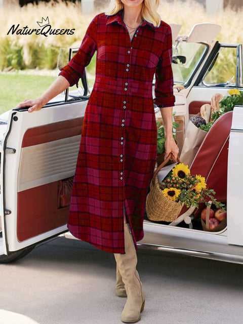 Women's Plaid Print Shirt Collar Long Sleeve Casual Loose Cardigan Dress