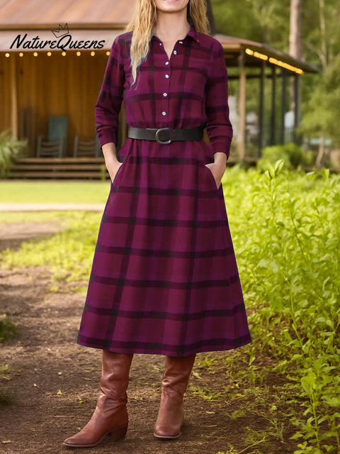 Women's Check Print Shirt Collar Long Sleeve Casual Loose Cotton Dress