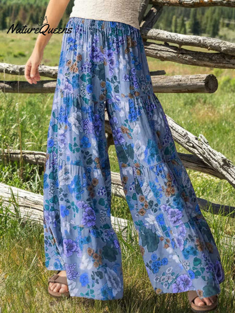Women's Retro Floral Print Elastic Waist Casual Loose Cotton Wide-Leg Pants