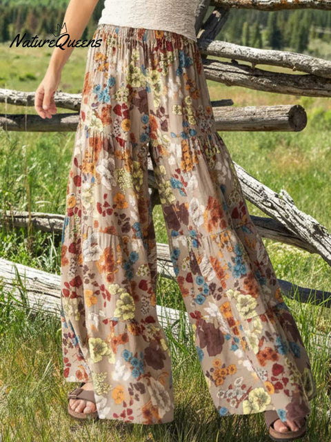 Women's Retro Floral Print Elastic Waist Casual Loose Cotton Wide-Leg Pants