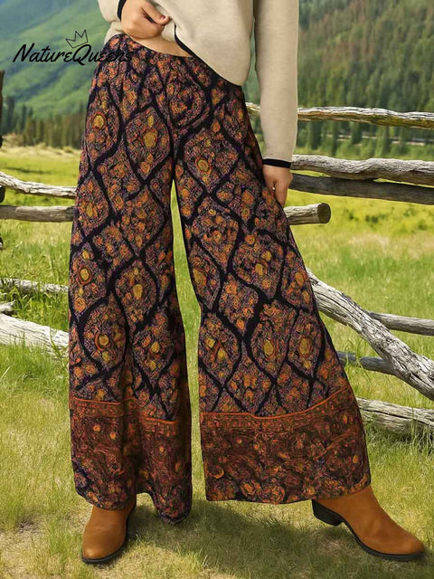 Women's Retro Geometric Print Elastic Waist Casual Loose Cotton Wide Leg Pants