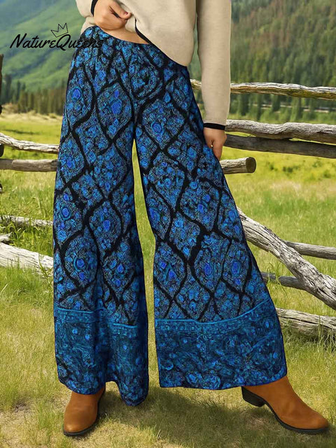 Women's Retro Geometric Print Elastic Waist Casual Loose Cotton Wide Leg Pants