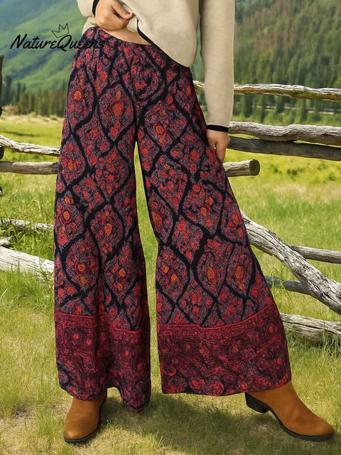 Women's Retro Geometric Print Elastic Waist Casual Loose Cotton Wide Leg Pants