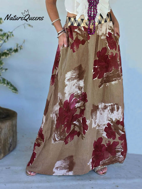 Women's High Waist Retro Print Casual Cotton and Linen A-Line Skirt