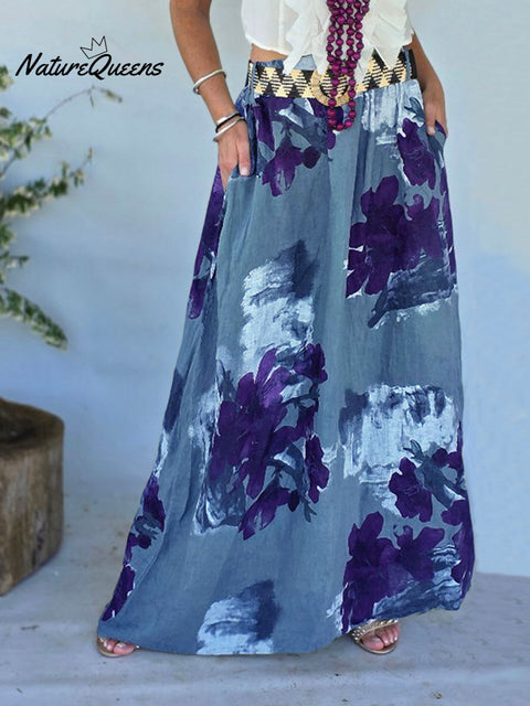 Women's High Waist Retro Print Casual Cotton and Linen A-Line Skirt
