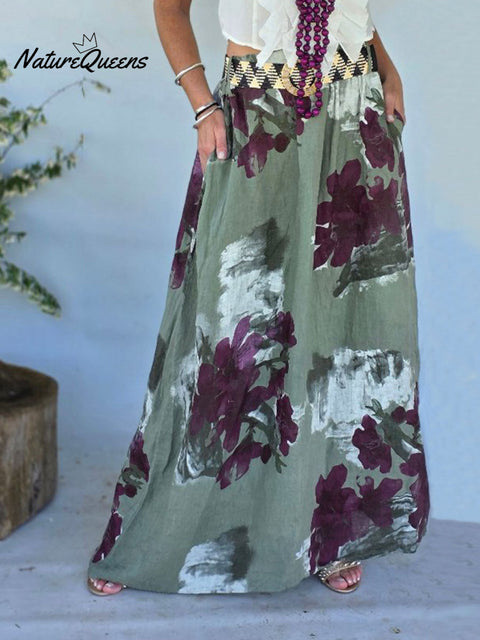 Women's High Waist Retro Print Casual Cotton and Linen A-Line Skirt