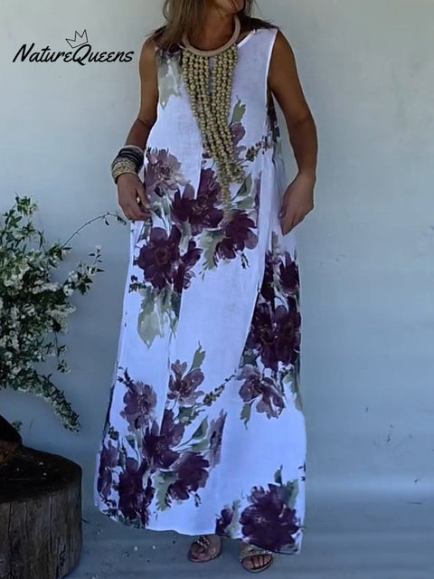 Women's Retro Print Round Neck Sleeveless Casual Cotton and Linen A-Line Dress