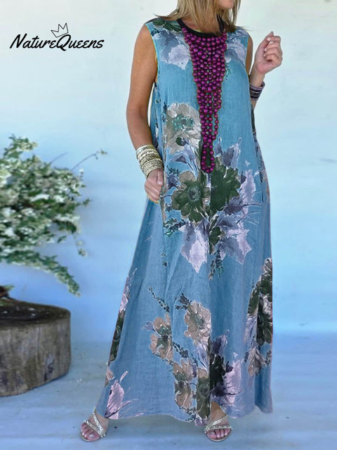 Women's Retro Print Round Neck Sleeveless Casual Cotton and Linen A-Line Dress