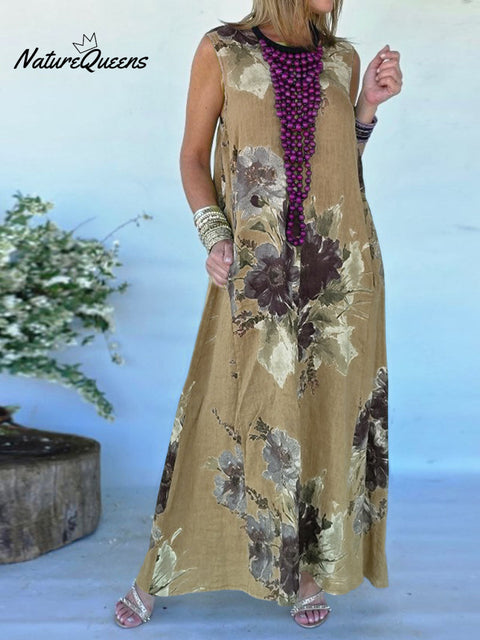 Women's Retro Print Round Neck Sleeveless Casual Cotton and Linen A-Line Dress
