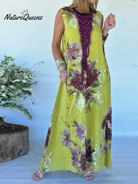 Women's Retro Print Round Neck Sleeveless Casual Cotton and Linen A-Line Dress