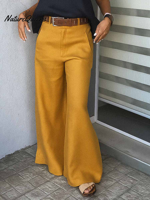 Women's Solid Color High-Waisted Casual Cotton Wide-Leg Pants