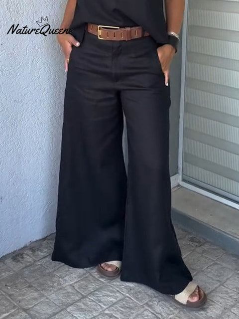 Women's Solid Color High-Waisted Casual Cotton Wide-Leg Pants